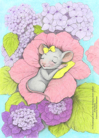 Grayscale Coloring Page, Fantasy Garden. A Hydrangea Bed for the Sleeping Sweet Mouse