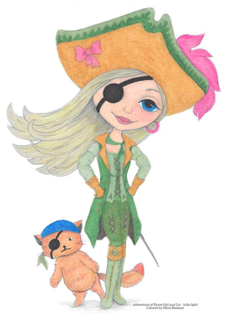 Coloring Page, Adventure of Pirate Girl and Cat. Madison