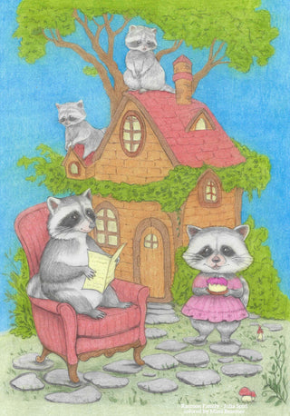 Página para colorear en escala de grises, animales divertidos. Familia de mapaches