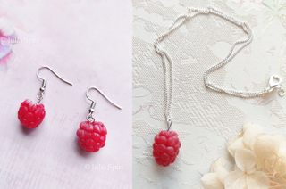 Handmade Polymer Clay Earrings and Necklace. Raspberries