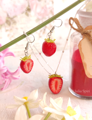 Handmade Polymer Clay Earrings and Necklace. Strawberry
