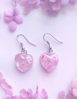 Handmade UV Resin Earrings and Necklace with Dried Flowers. Pink Hydrangea