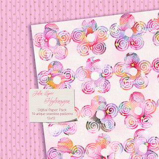 Watercolor Hand Painted Digital Papers, Flowers, Floral Patterns. Hydrangea