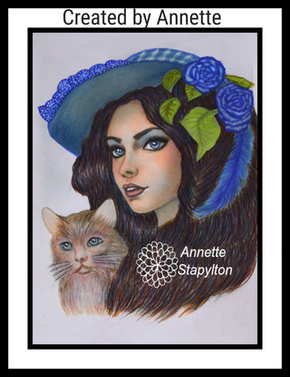 Página para colorear en escala de grises, retrato de fantasía de niña con flores. Gabriela y gato