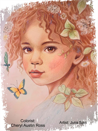 Página para colorear en escala de grises, Retrato de fantasía de niña con flores. Bonny