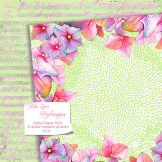 Watercolor Hand Painted Digital Papers, Flowers, Floral Patterns. Hydrangea