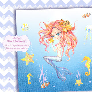 Watercolor Hand Painted Digital Papers, Siren in Sea. Sea & Mermaid
