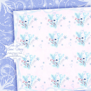 Watercolor Hand Painted Digital Papers, Winter theme. Snow Fairy