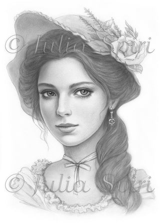 Grayscale Coloring Page, Fantasy Portrait of Girl with Flowers. Betty