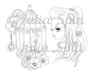 Coloring page, Fairytale Steampunk Girl. Bird in a cage