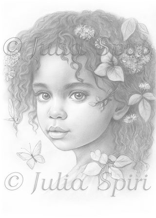 Página para colorear en escala de grises, Retrato de fantasía de niña con flores. Bonny