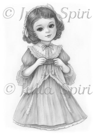 Grayscale Coloring Page, Vintage Girl with Chocolate. Connie