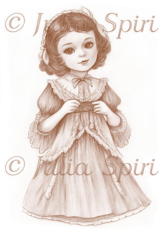 Grayscale Coloring Page, Vintage Girl with Chocolate. Connie