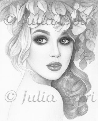 Grayscale Coloring Page, Girl Portrait with Leaves. Fleur - The Art of Julia Spiri
