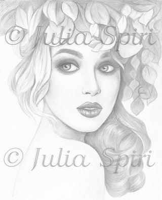 Grayscale Coloring Page, Girl Portrait with Leaves. Fleur - The Art of Julia Spiri