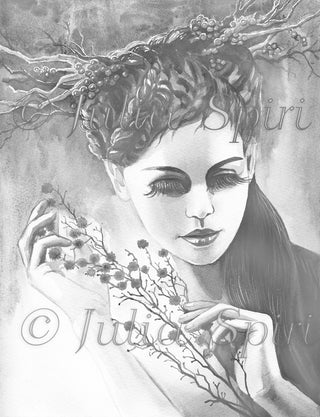 Grayscale Coloring Page, Fantasy Girl Portrait. Forest Spirit - The Art of Julia Spiri
