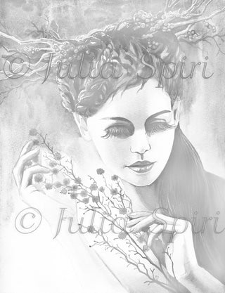 Grayscale Coloring Page, Fantasy Girl Portrait. Forest Spirit - The Art of Julia Spiri