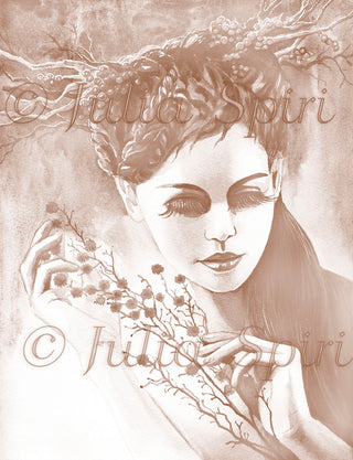 Página para colorear en escala de grises, retrato de niña de fantasía. Espíritu del bosque