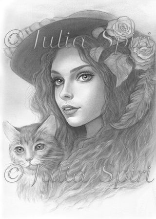 Página para colorear en escala de grises, retrato de fantasía de niña con flores. Gabriela y gato