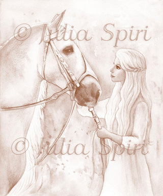 Grayscale Coloring Page, Romantic Girl. Grace and horse