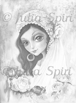 Coloring Pages, Boho Bride with Peonies. Gypsy bride - The Art of Julia Spiri