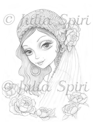Coloring Pages, Boho Bride with Peonies. Gypsy bride