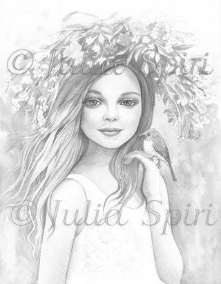 Grayscale Coloring Page, Girl with Spring Flowers and Bird. Hope