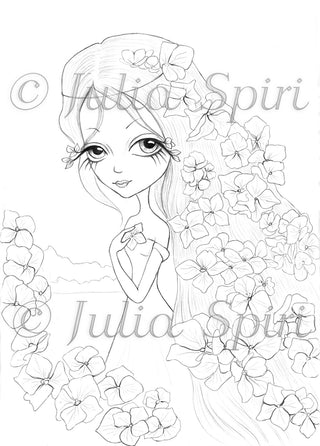 Coloring page, Girl with Hydrangea Flowers. Hydrangea