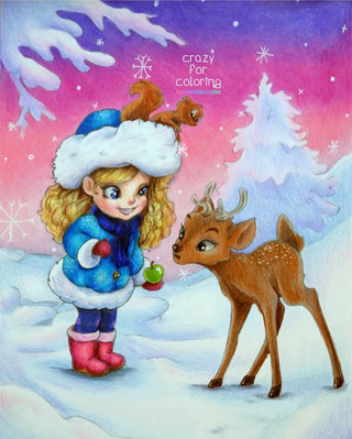 Página para colorear, linda chica y ciervos en invierno nevado. lesly y cervatillo