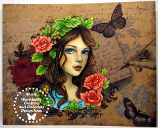 Página para colorear en escala de grises, retrato de fantasía de niña con flores. adelina