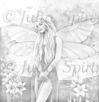 Grayscale Coloring Page, Fairy in Forest, Flowers. Lilly