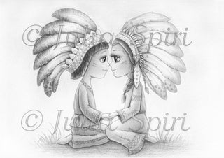 Coloring Page, Girl & Boy, American Indians, Kiss. Love is - The Art of Julia Spiri