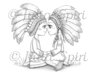 Coloring Page, Girl & Boy, American Indians, Kiss. Love is