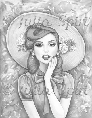Grayscale Coloring Page, Vintage Girl with Hat. Madeline