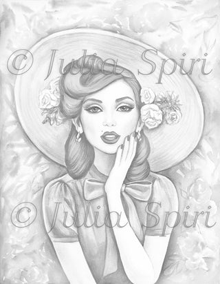 Grayscale Coloring Page, Vintage Girl with Hat. Madeline