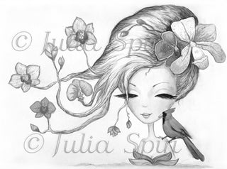 Coloring page, Fantasy Girl with flowers. Orchids - The Art of Julia Spiri