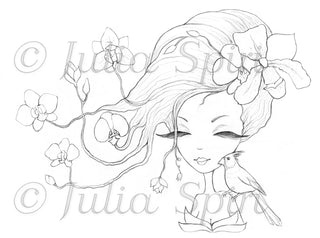 Coloring page, Fantasy Girl with flowers. Orchids - The Art of Julia Spiri