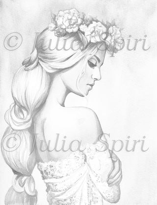 Grayscale Coloring Page, Fantasy Girl. Romantic dream - The Art of Julia Spiri