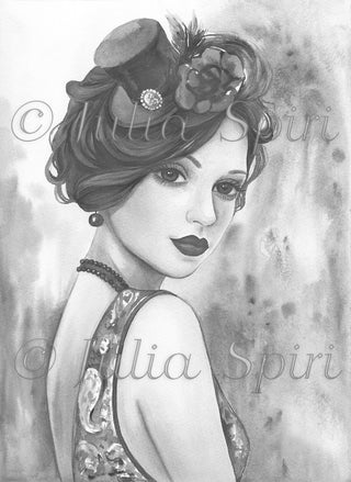 Grayscale Coloring Page, Girl with Vintage Hat, Retro. Stella