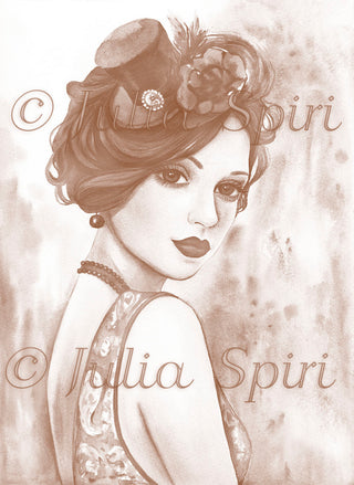Grayscale Coloring Page, Girl with Vintage Hat, Retro. Stella - The Art of Julia Spiri