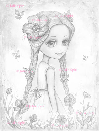 Página para colorear, Chica de verano con flores. abigail