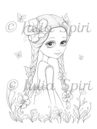 Coloring Page, Summer Girl with flowers. Abigail