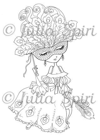 Coloring page, Venice Girl. The Mask of Peacock - The Art of Julia Spiri