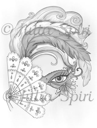 Coloring page, Girl with Mask. The Secrets of Venice - The Art of Julia Spiri