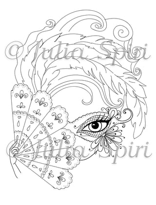 Coloring page, Girl with Mask. The Secrets of Venice - The Art of Julia Spiri