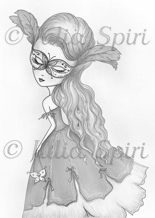 Coloring page, Girl with Mask. Venetian Butterfly