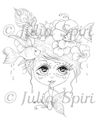Coloring page, Fantasy Girl with Fishes, Flowers, Butterfly. Whimsy