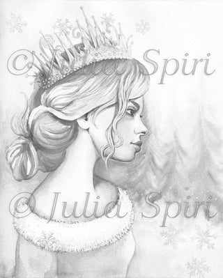 Grayscale Coloring Page, Snow Girl with Crown. Winter Queen - The Art of Julia Spiri
