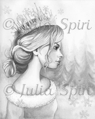 Grayscale Coloring Page, Snow Girl with Crown. Winter Queen - The Art of Julia Spiri