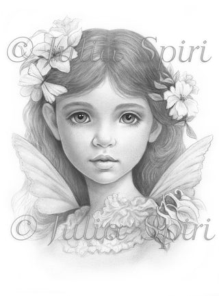 Página para colorear en escala de grises, retrato de fantasía de niña con flores. Joven hada